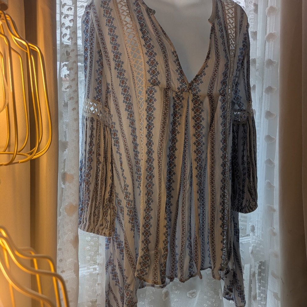 Chicwish Cream & Blue Boho Tunic Cover-up Blouse